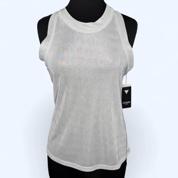 Guess Tops - Guess Y2K Silver Foil Ribbed Racerback Tank Top - Size XL - Shimmer White Glam